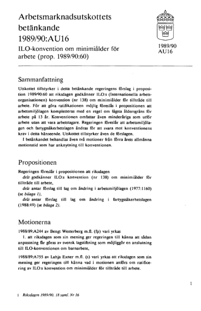 Omslaget till bet. 1989/90:AU16