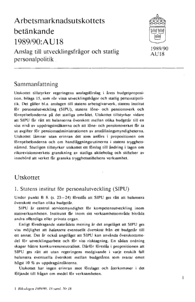 Omslaget till bet. 1989/90:AU18