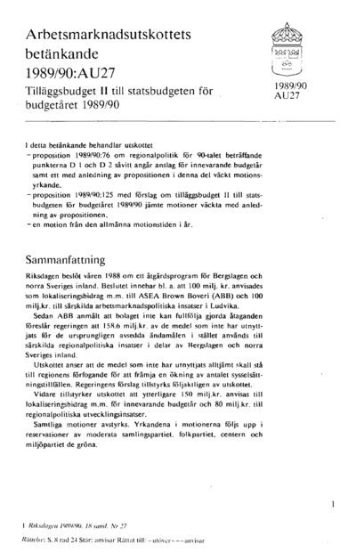 Omslaget till bet. 1989/90:AU27
