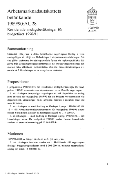 Omslaget till bet. 1989/90:AU28