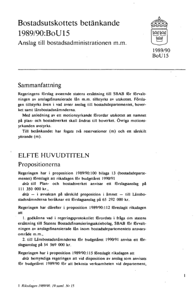 Omslaget till bet. 1989/90:BoU15