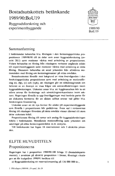 Omslaget till bet. 1989/90:BoU19