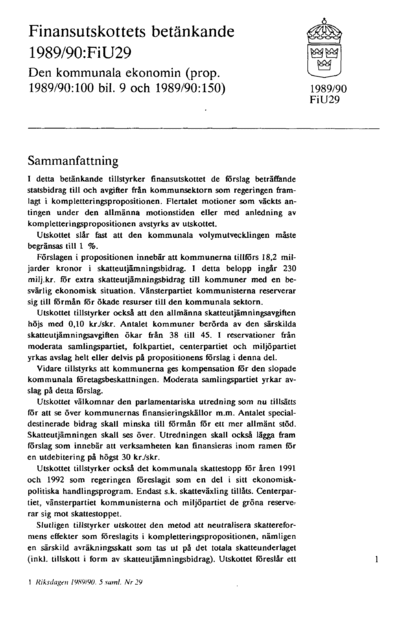 Omslaget till bet. 1989/90:FiU29
