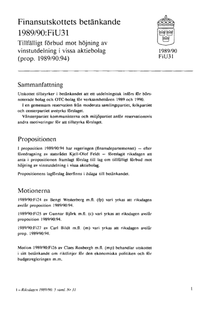 Omslaget till bet. 1989/90:FiU31