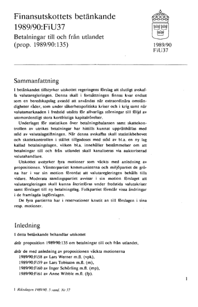 Omslaget till bet. 1989/90:FiU37
