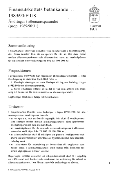 Omslaget till bet. 1989/90:FiU8