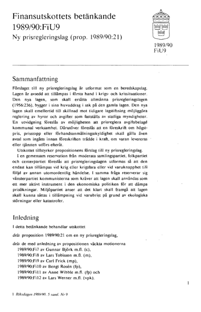 Omslaget till bet. 1989/90:FiU9