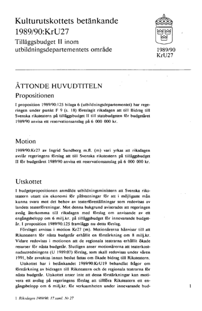 Omslaget till bet. 1989/90:KrU27