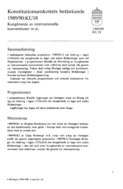 Omslaget till bet. 1989/90:KU18