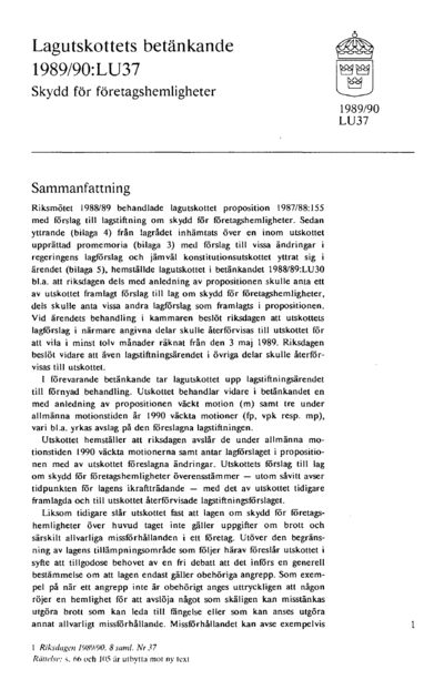Omslaget till bet. 1989/90:LU37
