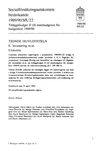 Omslaget till bet. 1989/90:SfU22