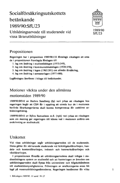 Omslaget till bet. 1989/90:SfU23