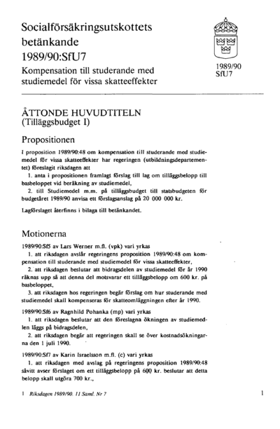 Omslaget till bet. 1989/90:SfU7