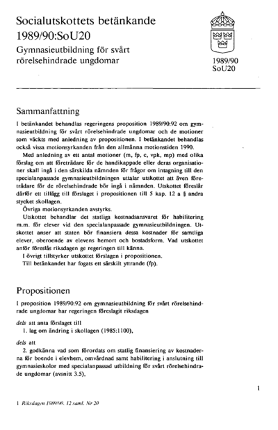 Omslaget till bet. 1989/90:SoU20