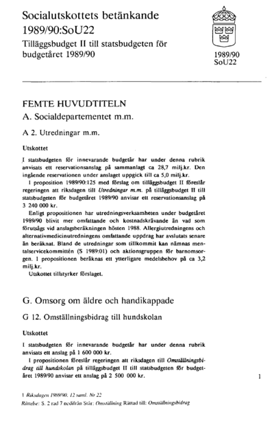Omslaget till bet. 1989/90:SoU22