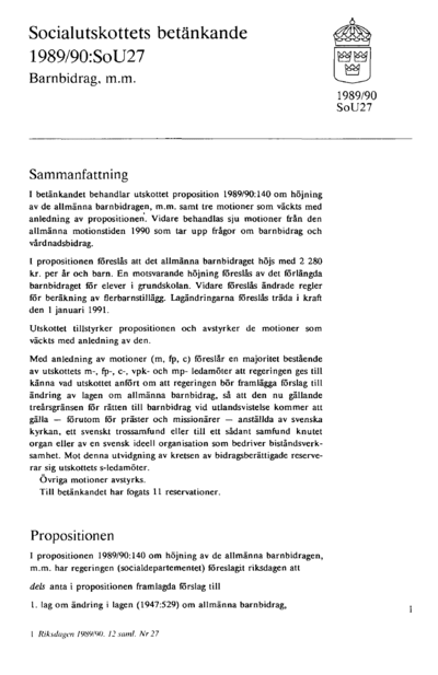 Omslaget till bet. 1989/90:SoU27