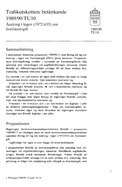 Omslaget till bet. 1989/90:TU10