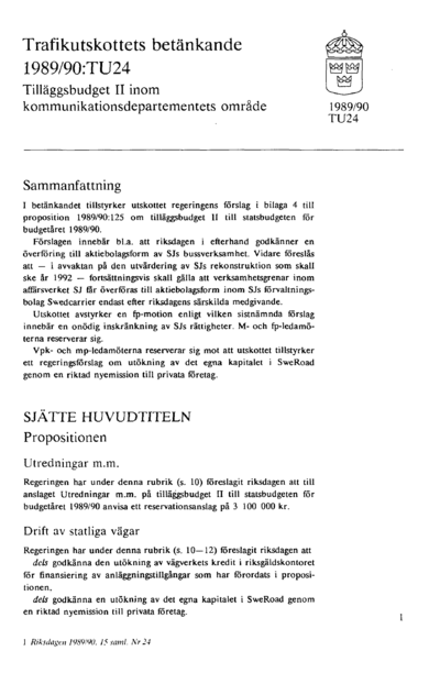 Omslaget till bet. 1989/90:TU24