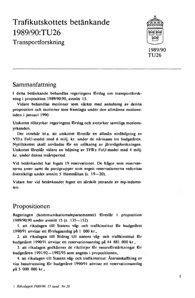 Omslaget till bet. 1989/90:TU26