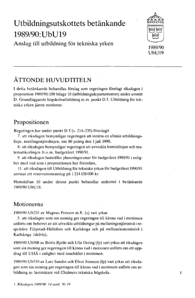 Omslaget till bet. 1989/90:UbU19