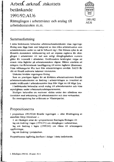 Omslaget till bet. 1991/92:AU6