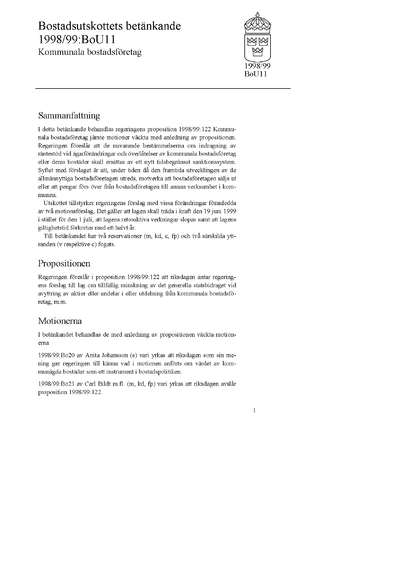 Omslaget till bet. 1998/99:BoU11