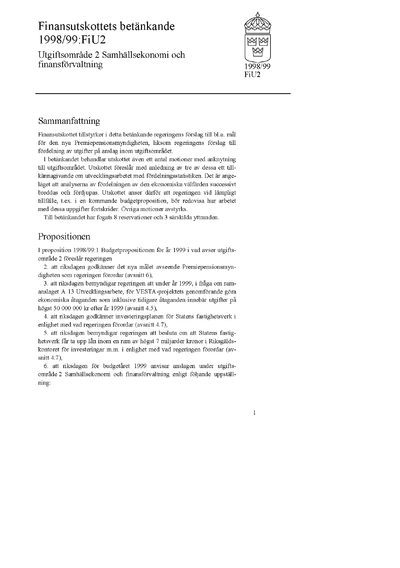 Omslaget till bet. 1998/99:FiU2