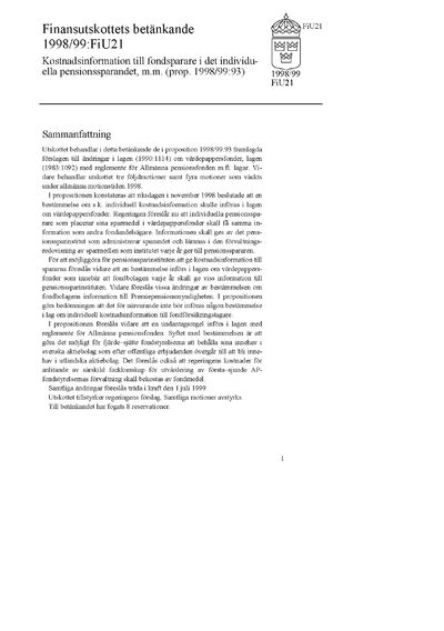 Omslaget till bet. 1998/99:FiU21