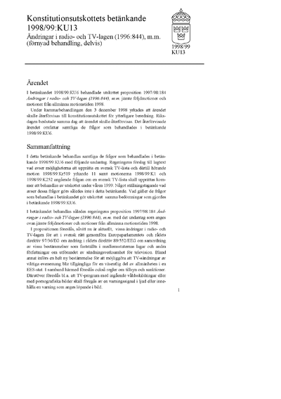 Omslaget till bet. 1998/99:KU13