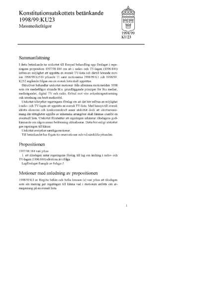 Omslaget till bet. 1998/99:KU23