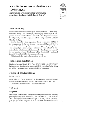 Omslaget till bet. 1998/99:KU3