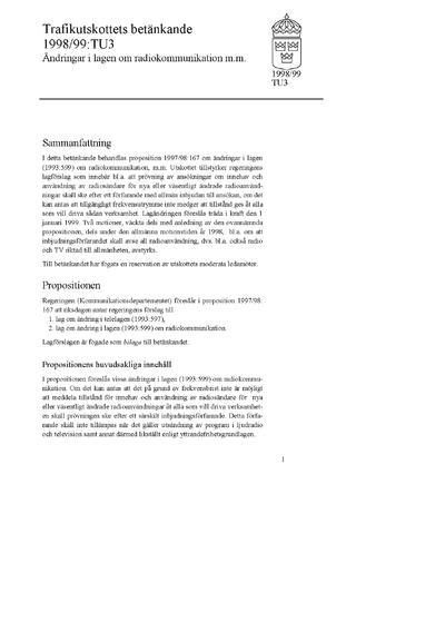 Omslaget till bet. 1998/99:TU3