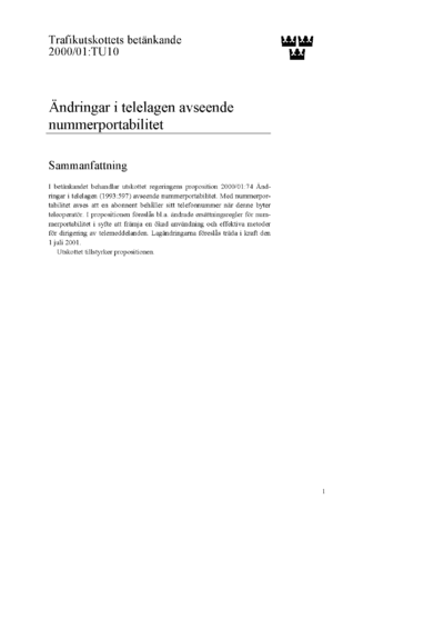 Omslaget till bet. 2000/01:TU10