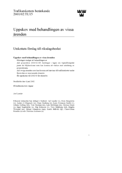 Omslaget till bet. 2001/02:TU15