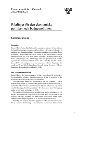 Omslaget till bet. 2002/03:FiU20