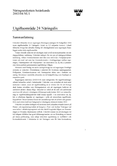 Omslaget till bet. 2003/04:NU1