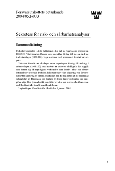 Omslaget till bet. 2004/05:FöU3