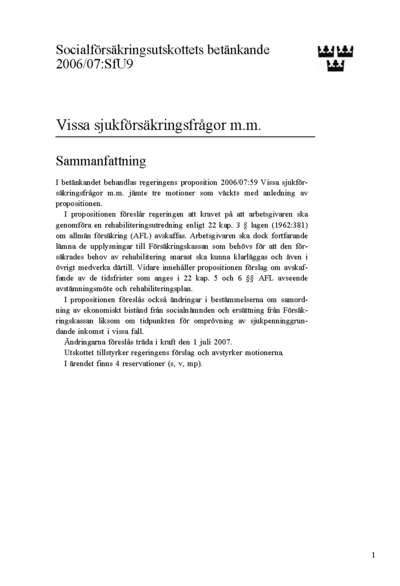 Omslaget till bet. 2006/07:SfU9