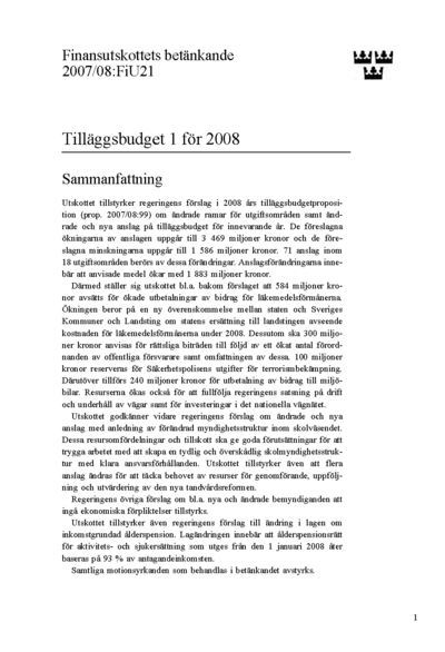 Omslaget till bet. 2007/08:FiU21
