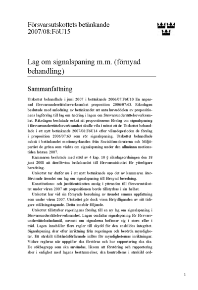 Omslaget till bet. 2007/08:FöU15