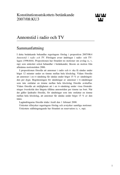 Omslaget till bet. 2007/08:KU3