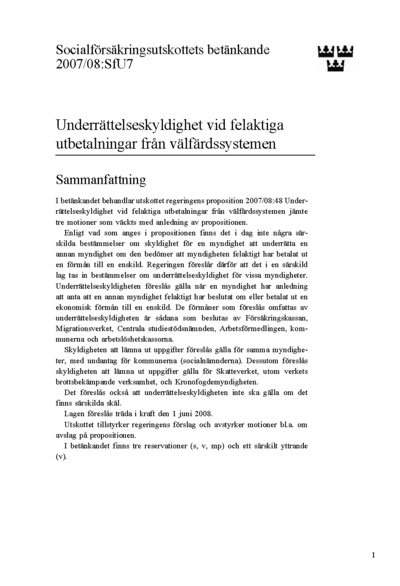Omslaget till bet. 2007/08:SfU7
