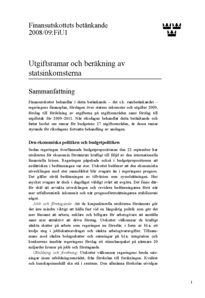Omslaget till bet. 2008/09:FiU1
