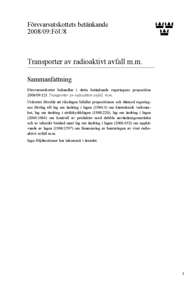 Omslaget till bet. 2008/09:FöU8