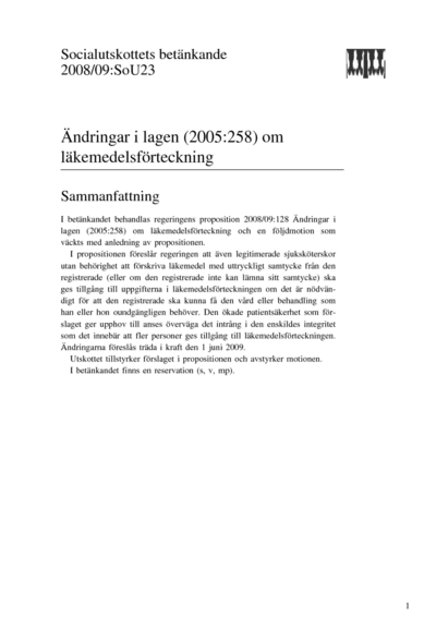 Omslaget till bet. 2008/09:SoU23