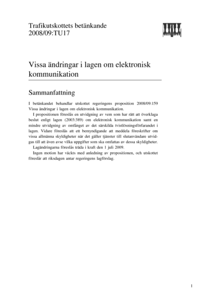 Omslaget till bet. 2008/09:TU17