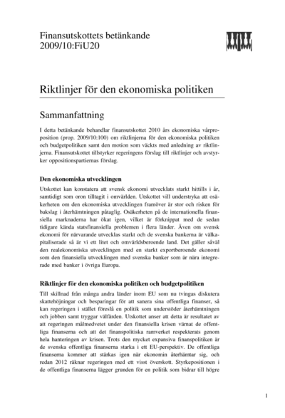 Omslaget till bet. 2009/10:FiU20