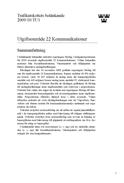 Omslaget till bet. 2009/10:TU1
