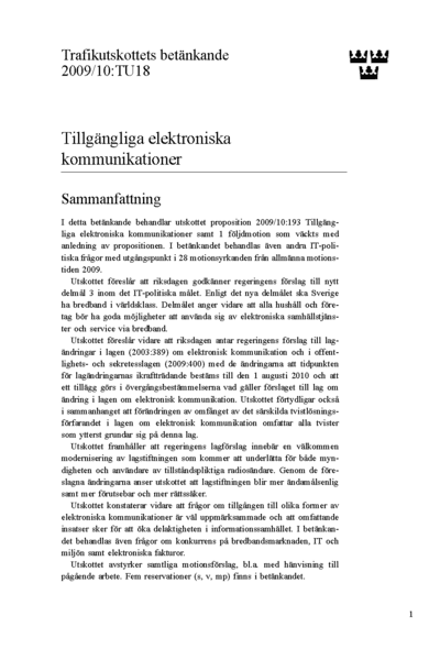 Omslaget till bet. 2009/10:TU18