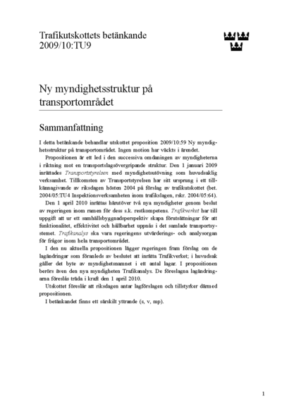 Omslaget till bet. 2009/10:TU9